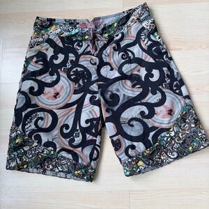 Robert Graham Sz34 Men’s Black and Gray Patterned Drawstring Swim Trunks Pockets